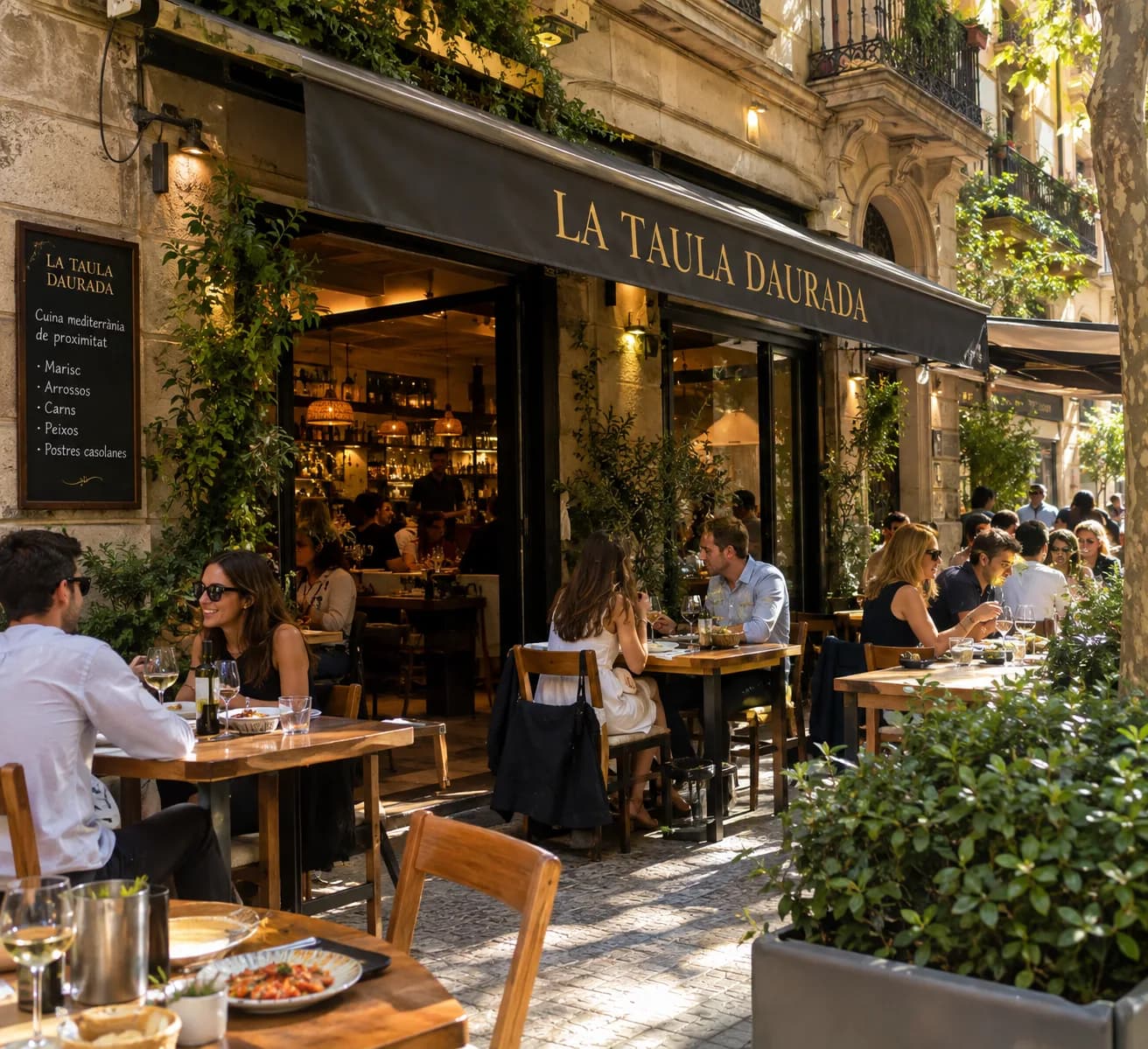 La façana i la terrassa de La Taula Daurada, plenes a l'hora de dinar