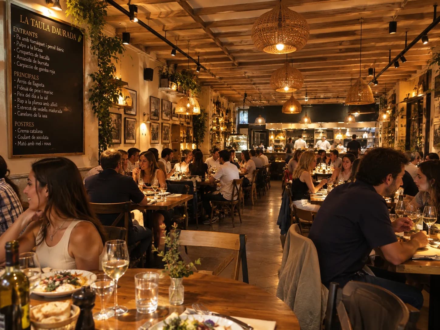 La sala, amb la pissarra de la carta i la cuina oberta al fons
