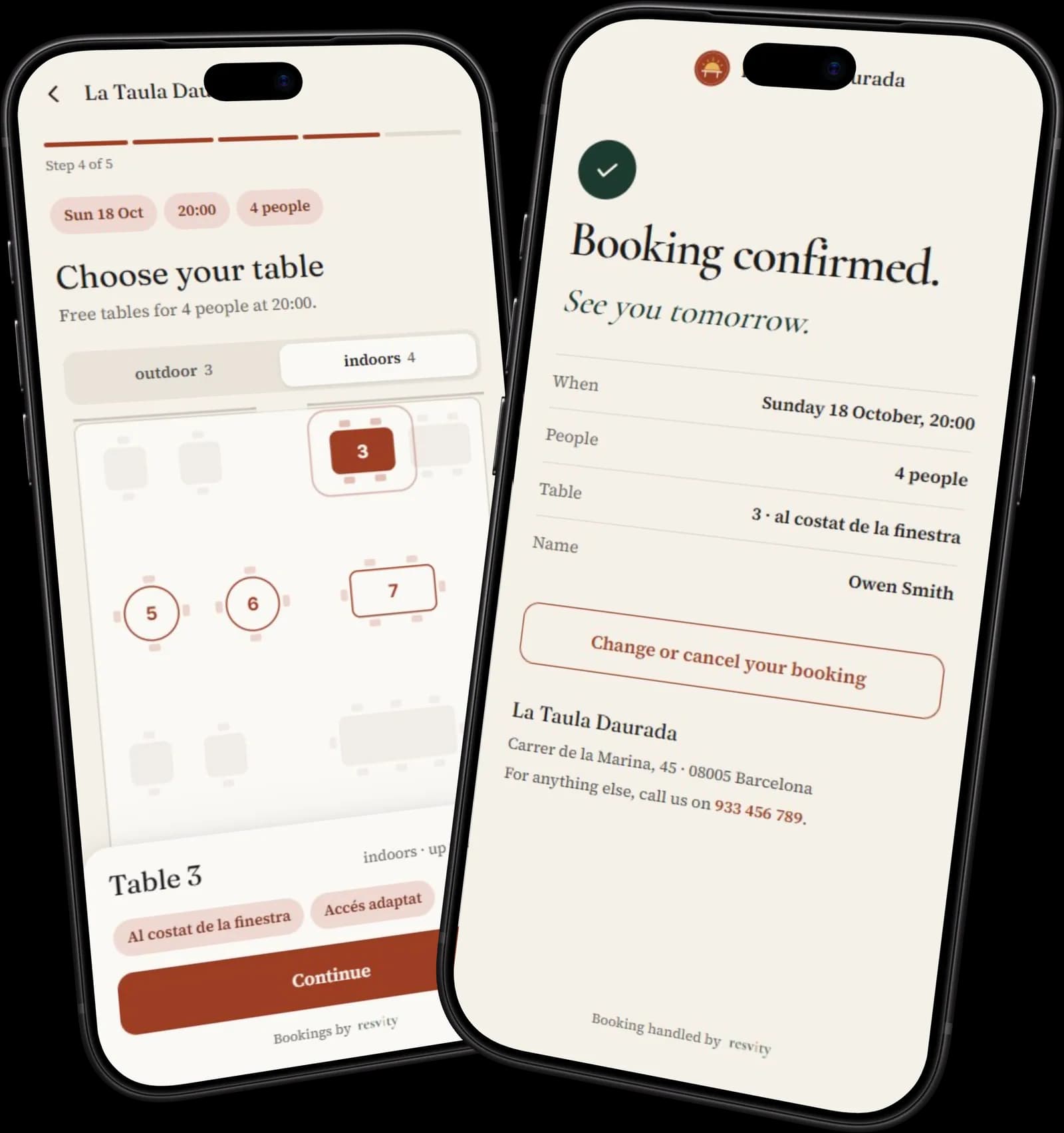 A restaurant’s booking page on a phone: the day, the time and the table picked on the floor plan.