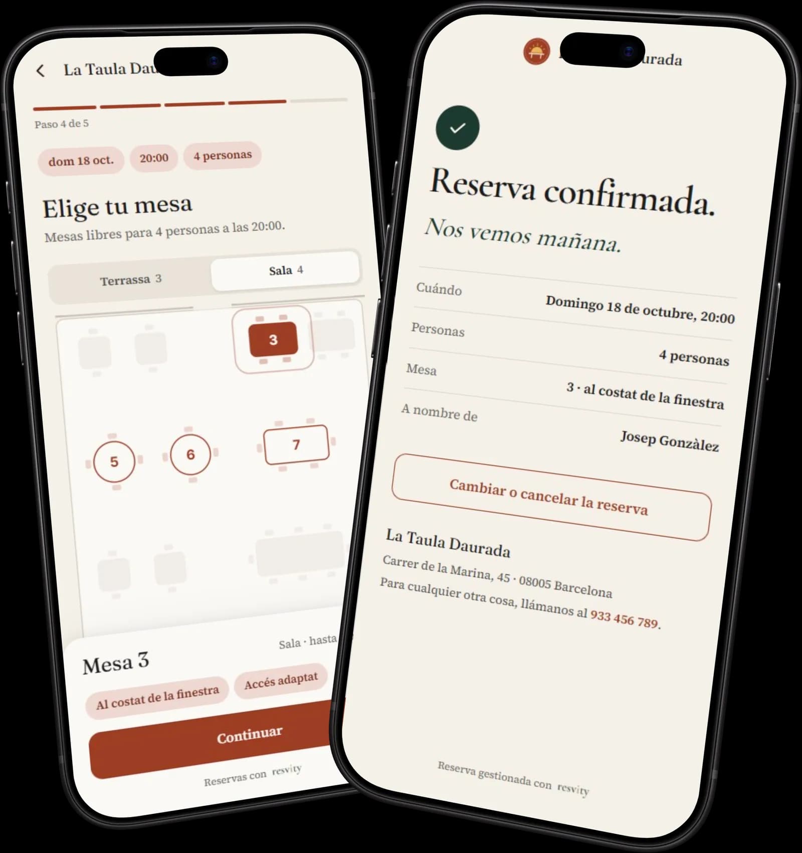 La página de reservas de un restaurante en el móvil: el día, la hora y la mesa elegida en el plano.