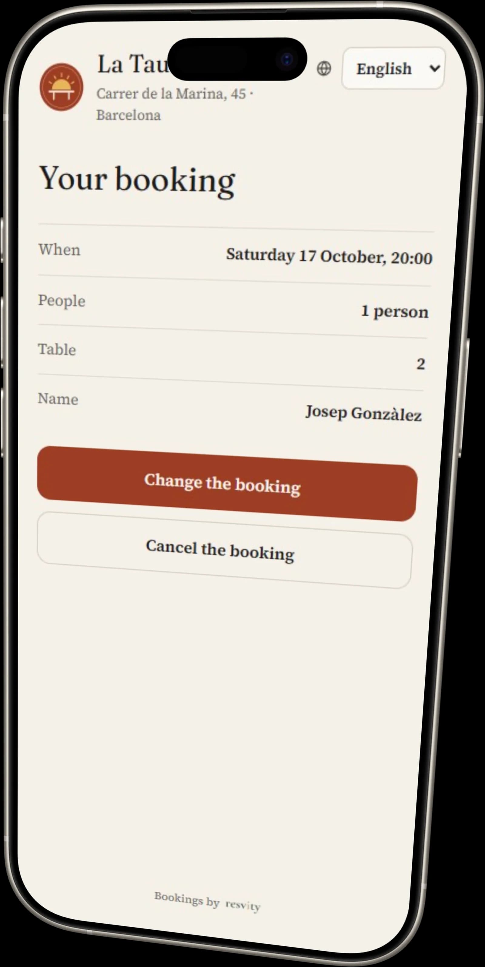 A guest’s booking on their phone, with the options to change or cancel it.