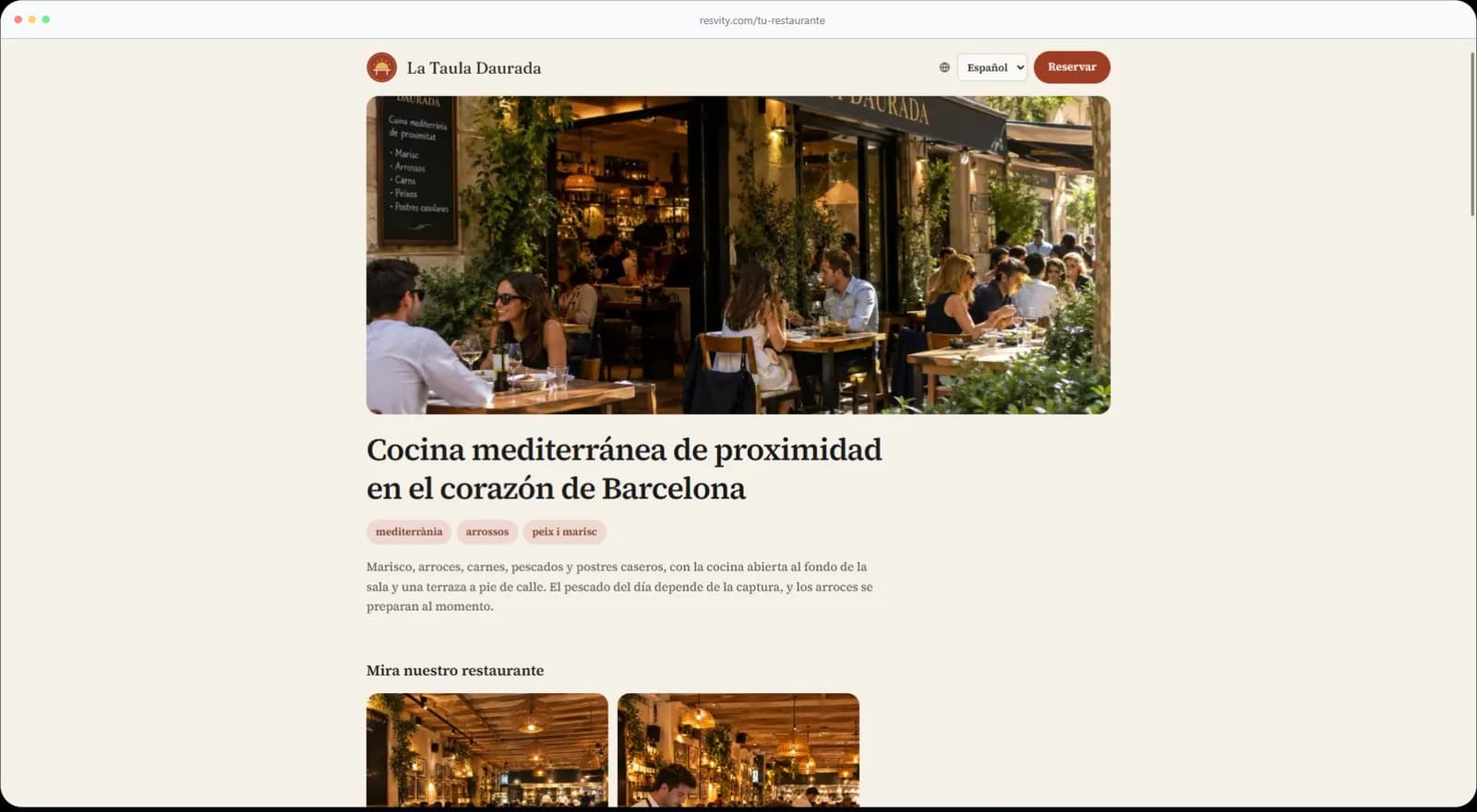 La página de un restaurante en el móvil y en el ordenador, con la carta y el botón de reservar.